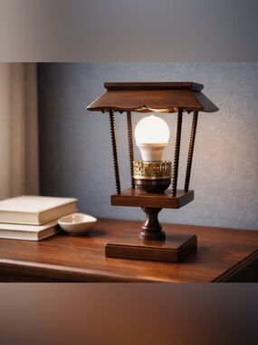 Vintage Rustic Wooden Hurricane Lantern Electric Table Lamp Light Farmhouse